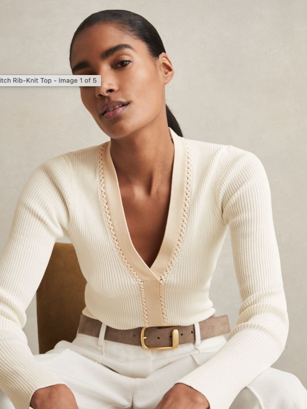 NWT Reiss Ivory Lauri Craft Stitch Rib Knit Top XS